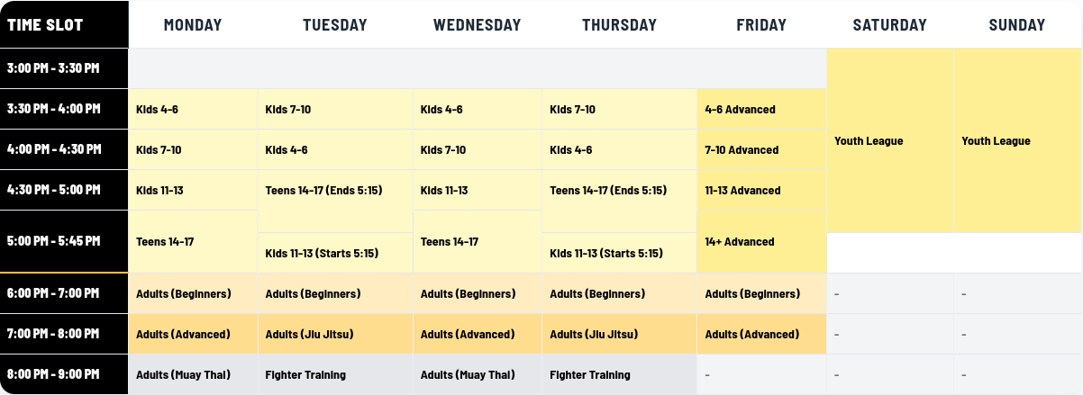 Weekly Kids Program Class Schedule